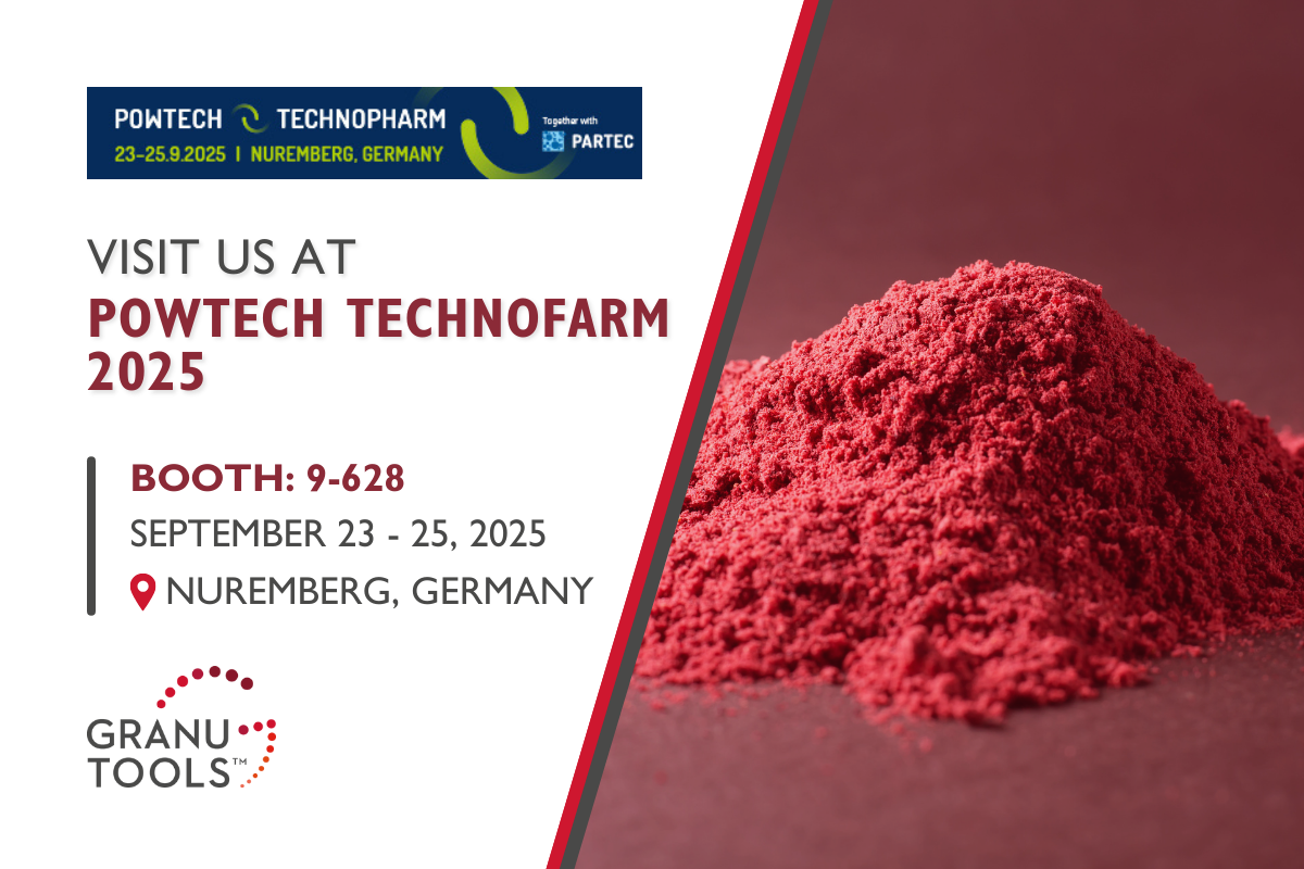 banner of Granutools to share that Granutools will attend POWTECH TECHNOPHARM from September 23 to 25 in Nuremberg, Germany